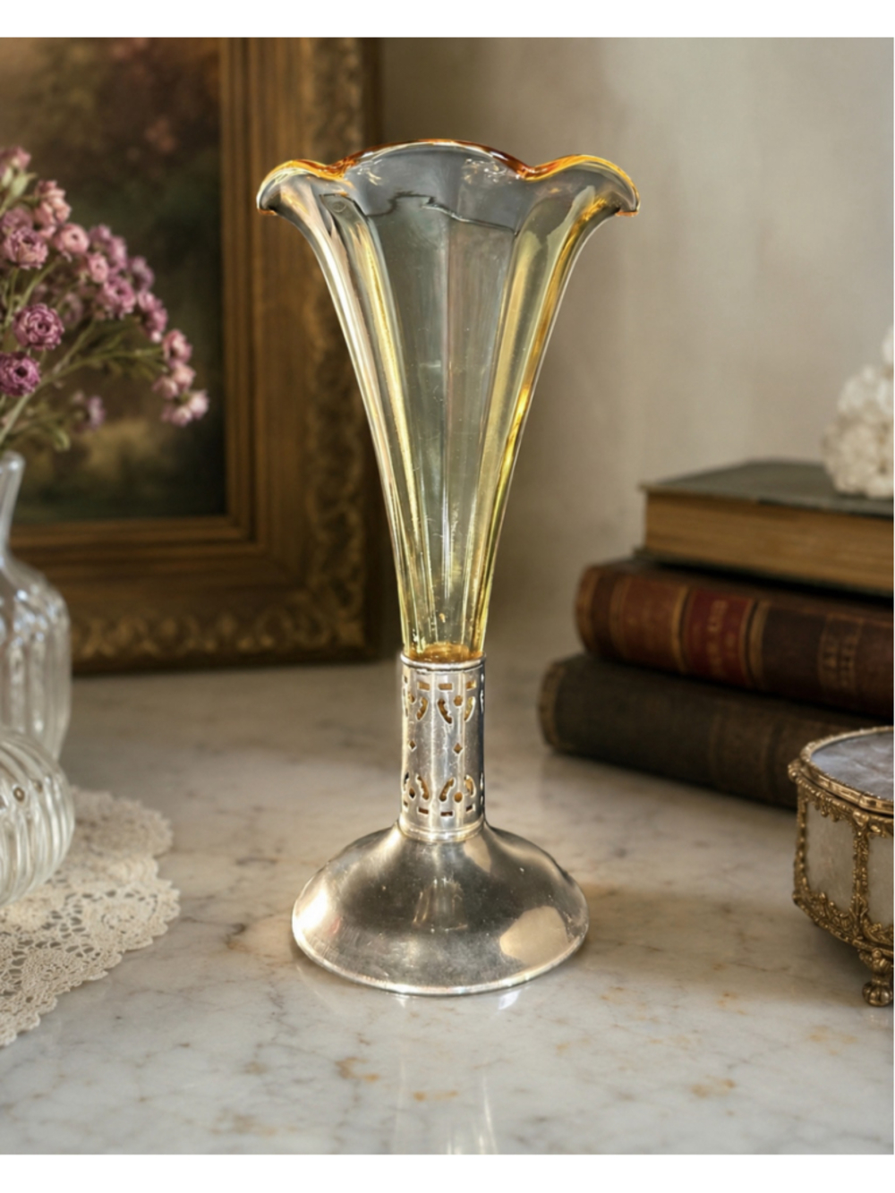 Antique Yellow Glass Vase with Silver Base Summer